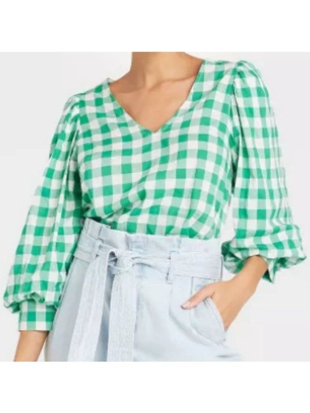 A New Day Green Gingham Check Blouse Womens Size Medium V-Neck Puff Sleeve NEW